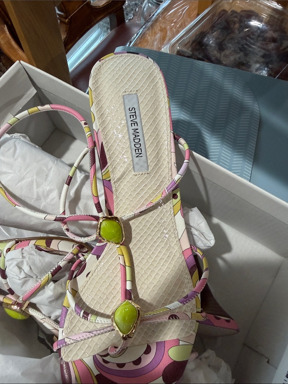 Steve Madden Pink Cream and Lime Patterned Strappy Heels